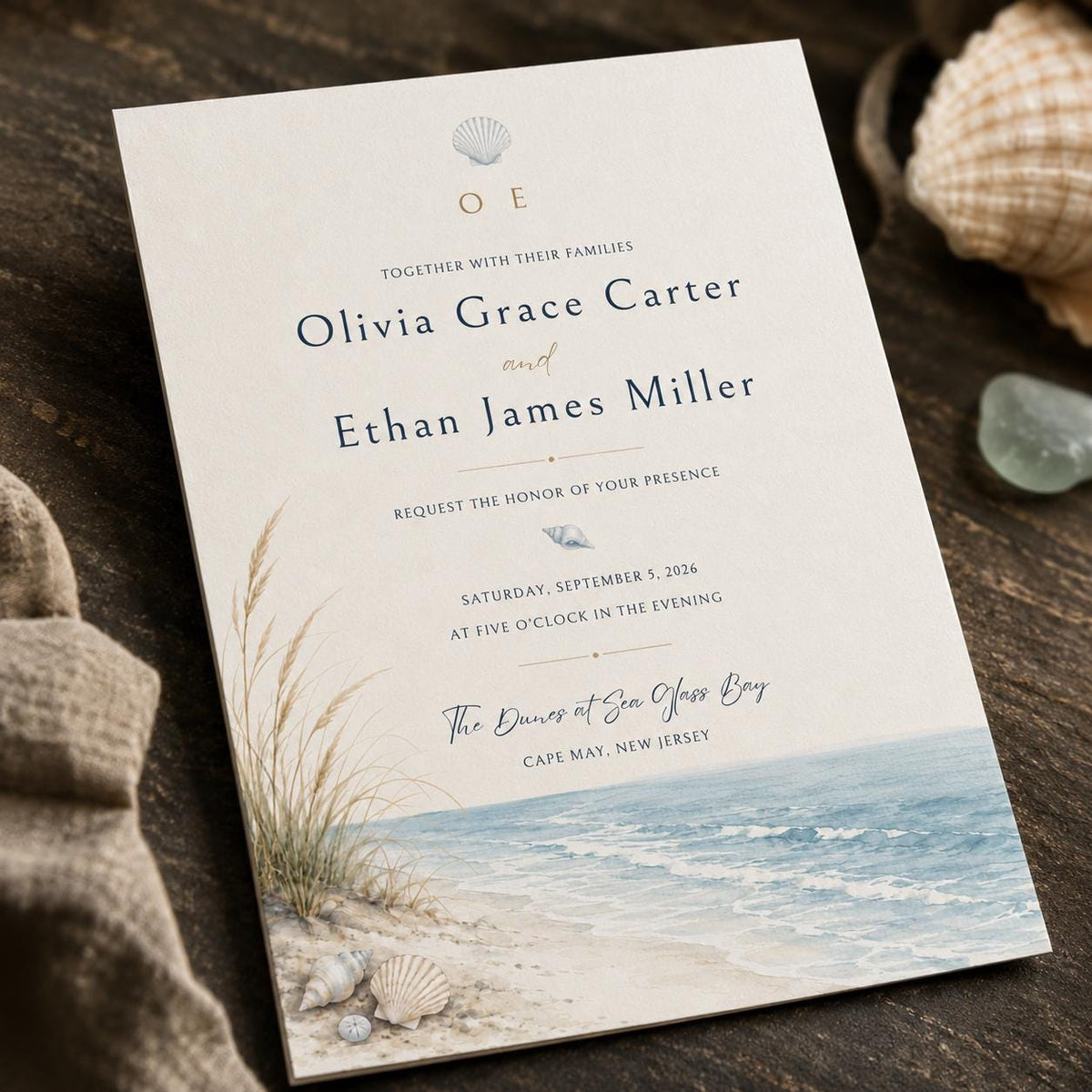 Blue Minimalist Beach Wedding Invitation — ocean design