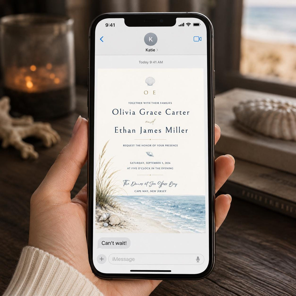 Blue Minimalist Beach Wedding Invitation — invitation you personalize in Canva