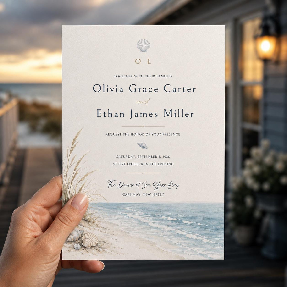 Blue Minimalist Beach Wedding Invitation — elegant wedding design