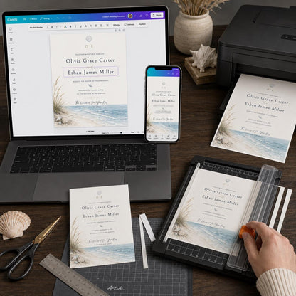 Blue Minimalist Beach Wedding Invitation — print-ready wedding design from VoltBy
