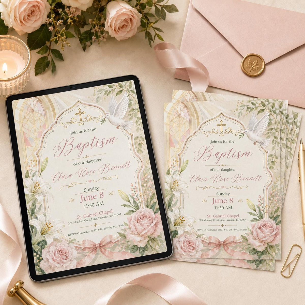Blue Modern Baptism Invitation — floral baptism design