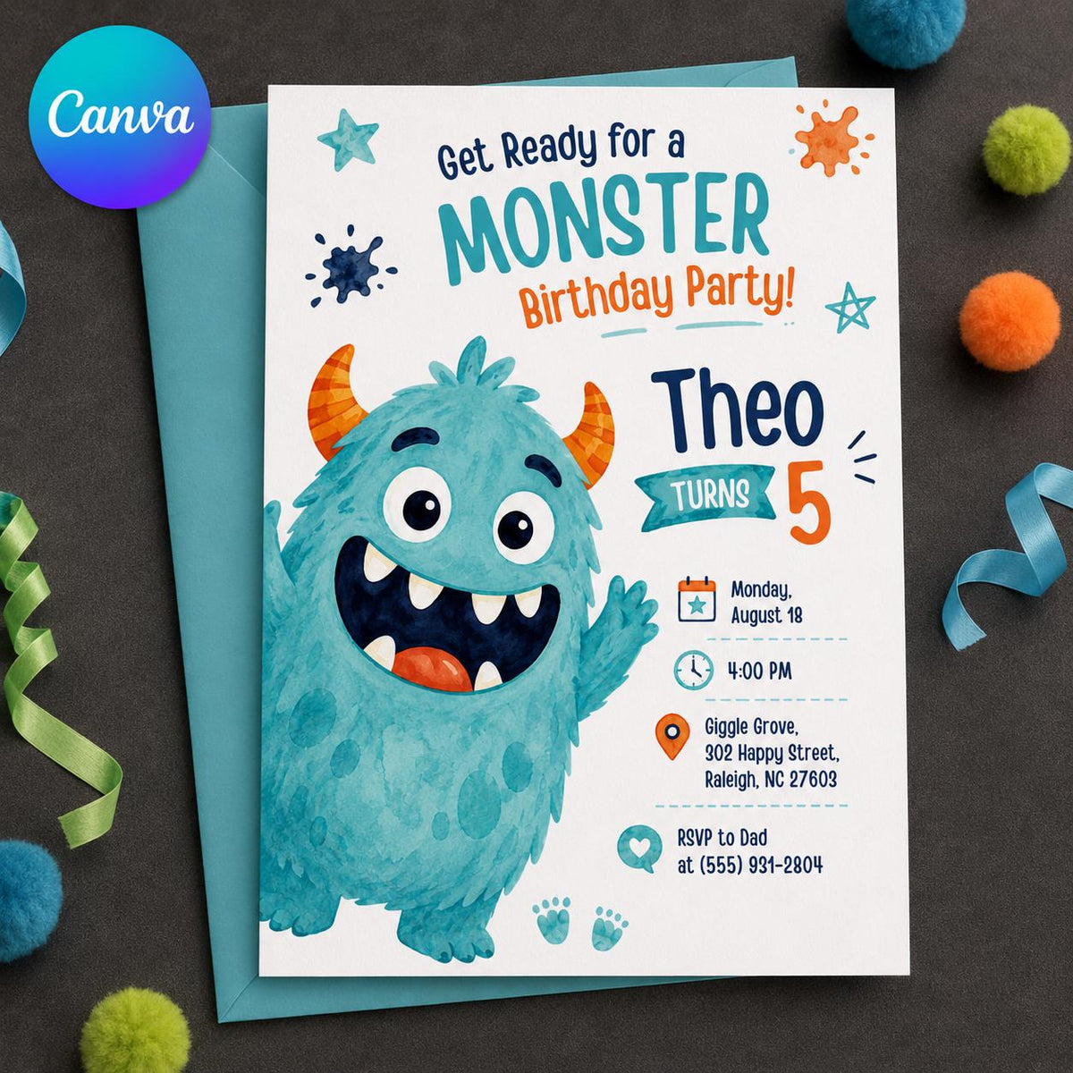 Blue Monster 5th Birthday Invitation for Boys — editable Canva template