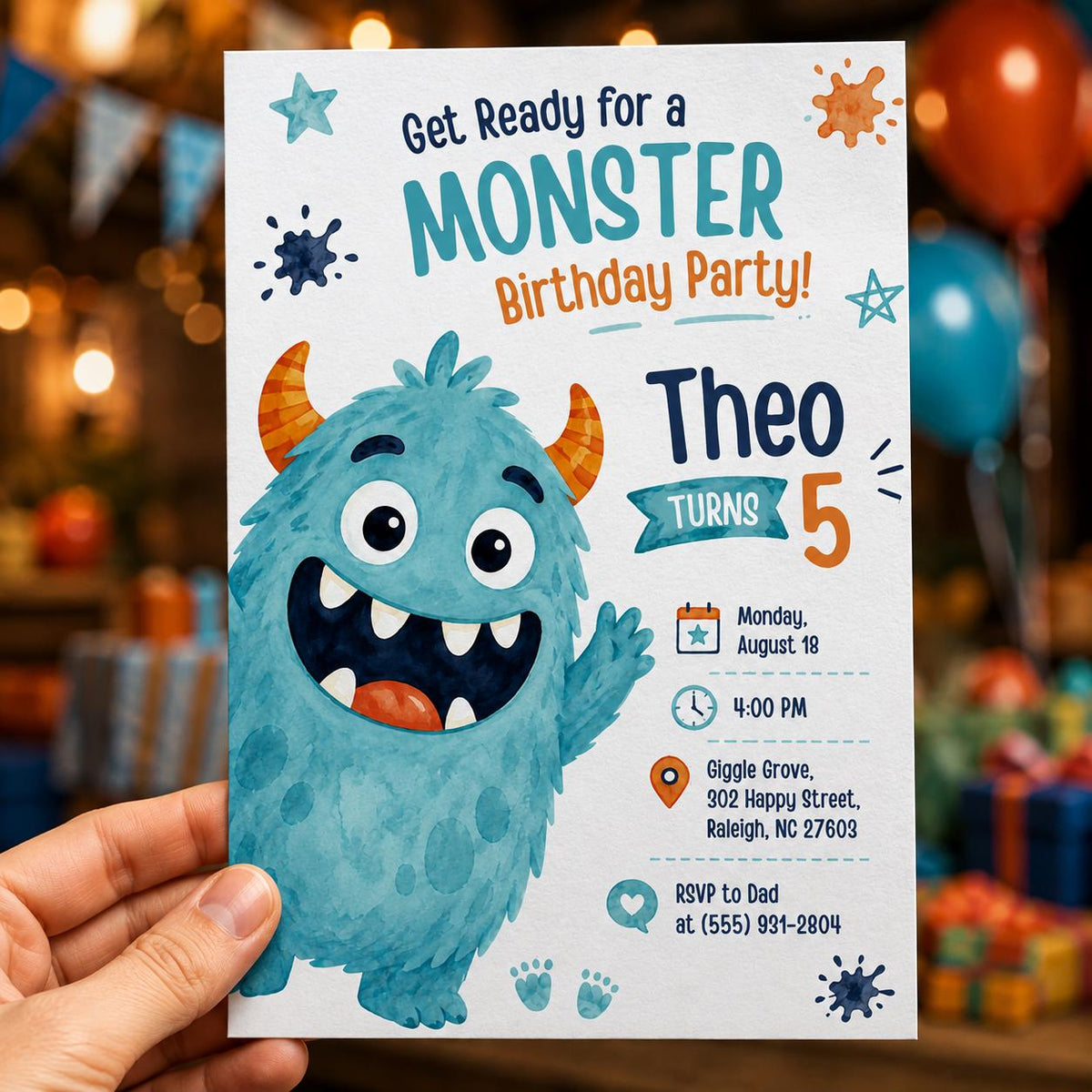 Blue Monster 5th Birthday Invitation for Boys — print-ready 5th birthday party design from VoltBy