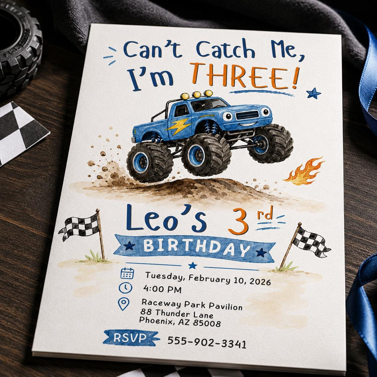 Blue Monster Truck 3rd Birthday Invitation for Boys — invitation you personalize in Canva