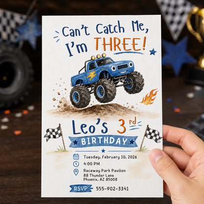 Blue Monster Truck 3rd Birthday Invitation for Boys — print-ready 3rd birthday party design from VoltBy