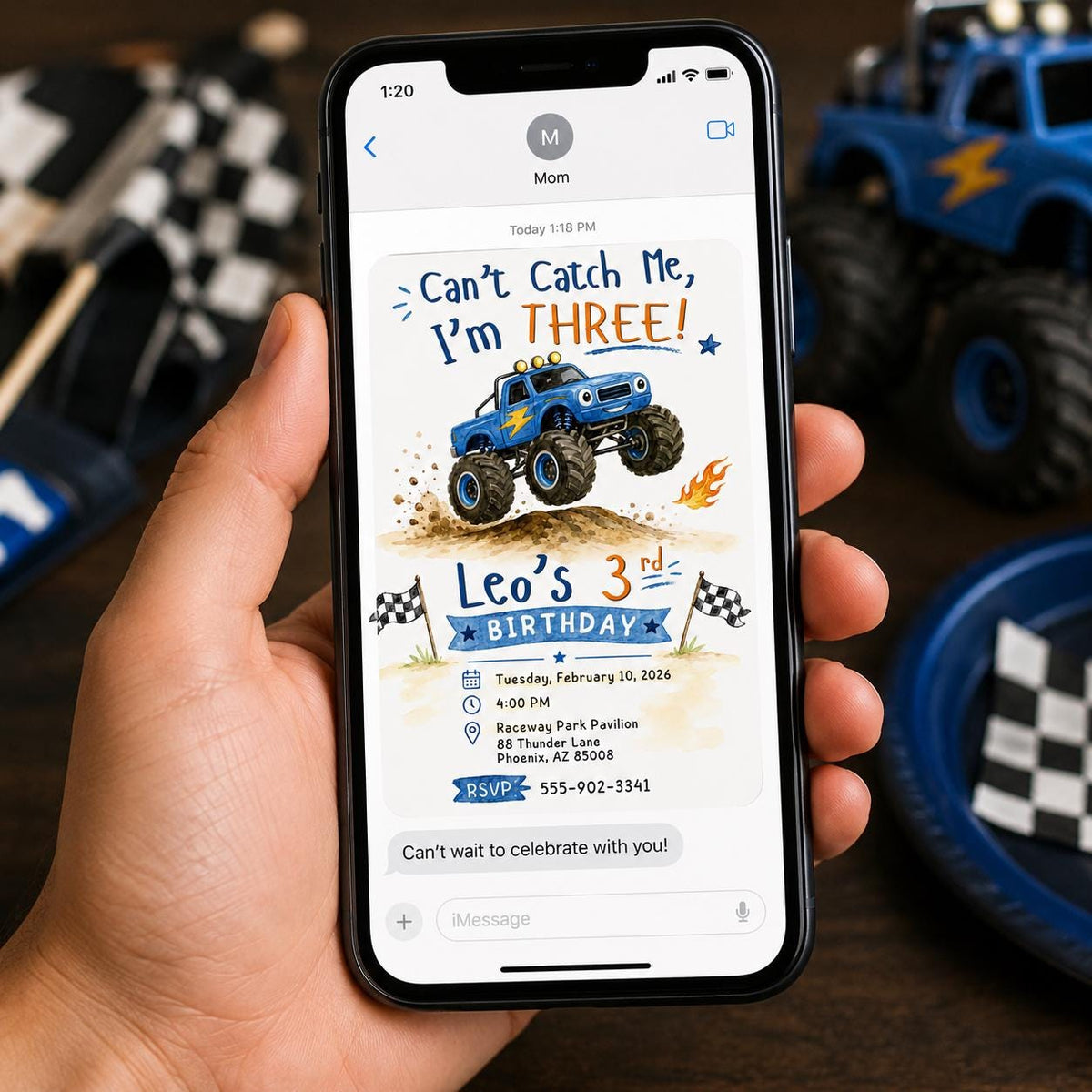 Blue Monster Truck 3rd Birthday Invitation for Boys — 3rd birthday party stationery by VoltBy
