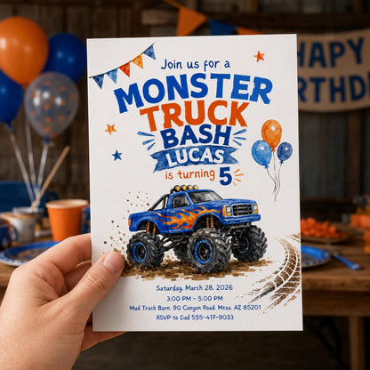 Blue Monster Truck 5th Birthday Invitation for Boys — print-ready 5th birthday party design from VoltBy