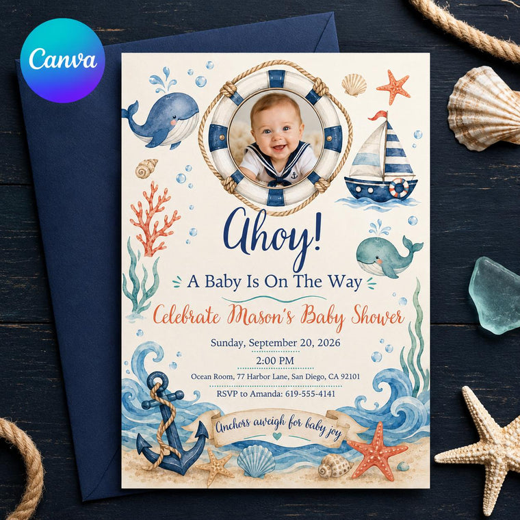 Blue Nautical Baby Shower Invitation: Ahoy Sailor Boy Photo