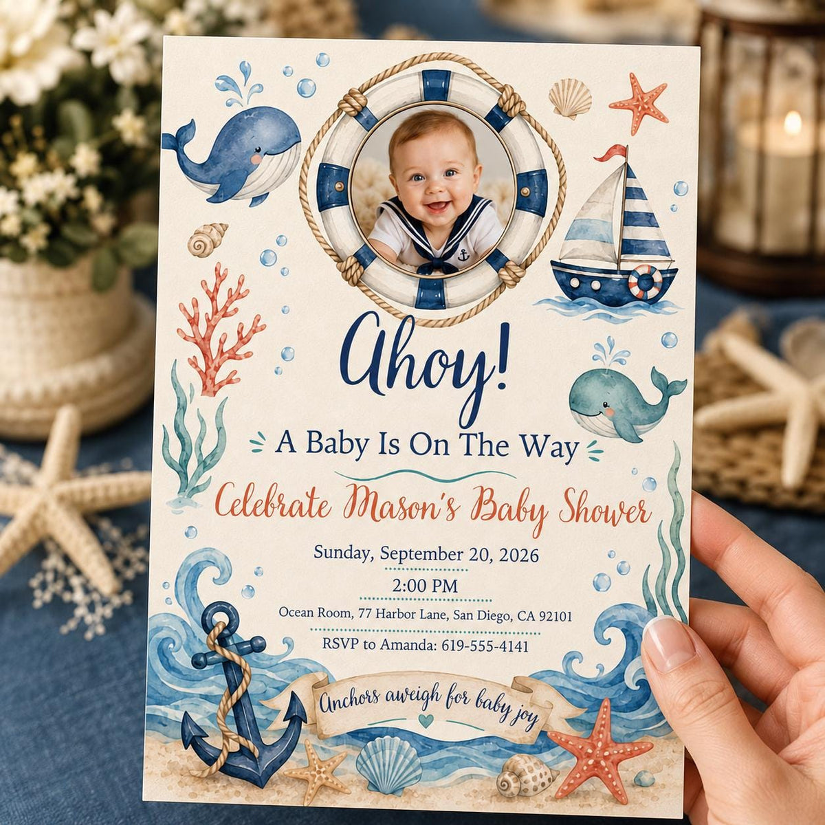 Blue Nautical Baby Shower Invitation — invitation you personalize in Canva