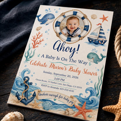 Blue Nautical Baby Shower Invitation — digital invitation, instant download