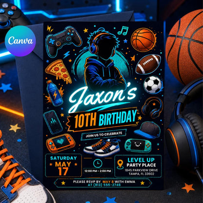 Blue Neon Teen Boy 10th Birthday Party Invitation — editable Canva template
