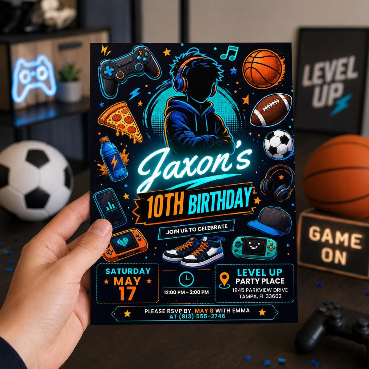 Blue Neon Teen Boy 10th Birthday Party Invitation — invitation you personalize in Canva