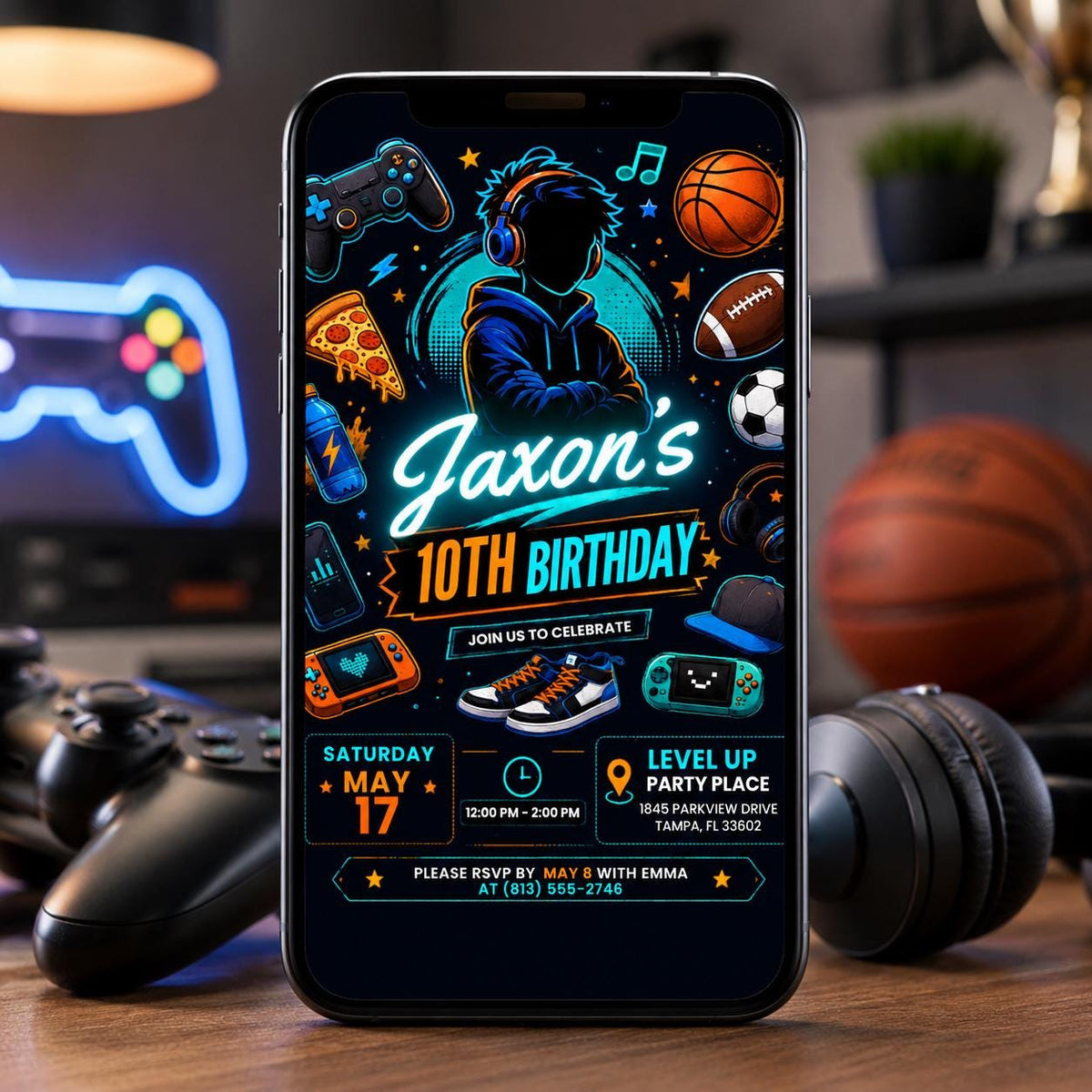 Blue Neon Teen Boy 10th Birthday Party Invitation — print-ready 10th birthday party design from VoltBy