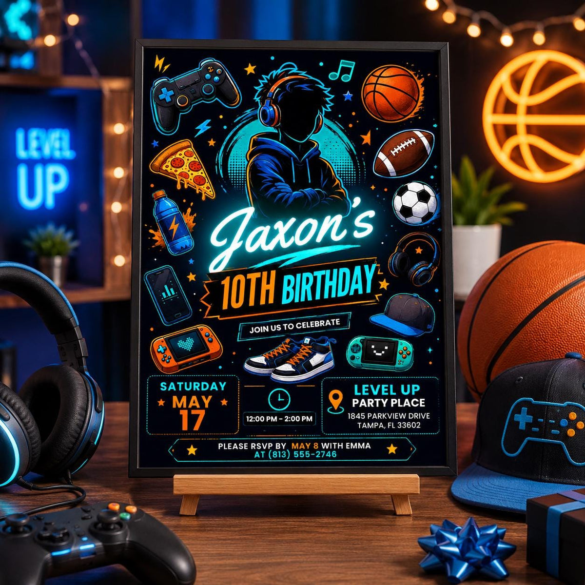Blue Neon Teen Boy 10th Birthday Party Invitation — digital invitation, instant download