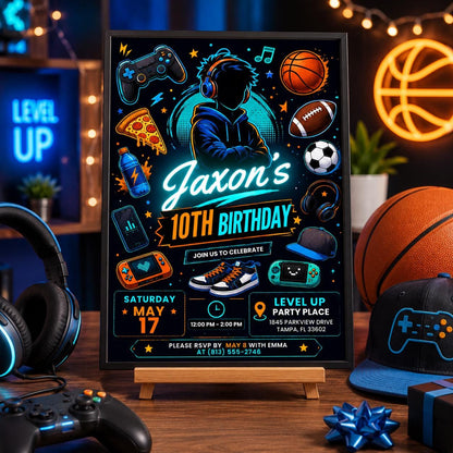 Blue Neon Teen Boy 10th Birthday Party Invitation — digital invitation, instant download