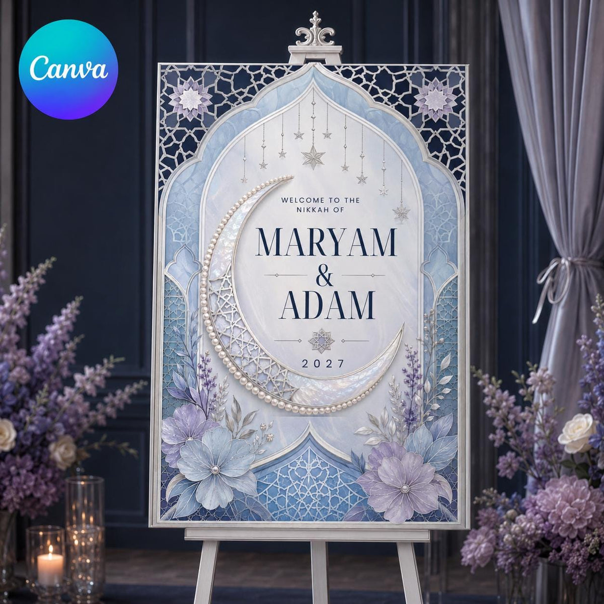 Blue Nikkah Welcome Sign — editable Canva template