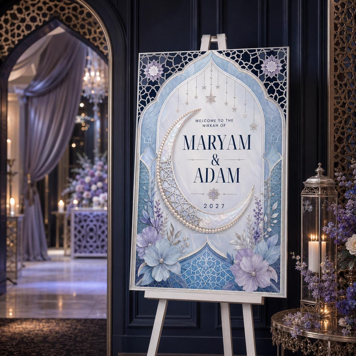 Blue Nikkah Welcome Sign — welcome sign you personalize in Canva