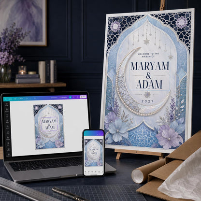 Blue Nikkah Welcome Sign — nikah ceremony stationery by VoltBy