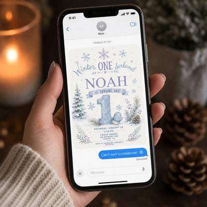 Blue Number One Winter Onederland Birthday Invitation in green