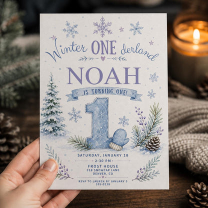 Blue Number One Winter Onederland Birthday Invitation — invitation you personalize in Canva