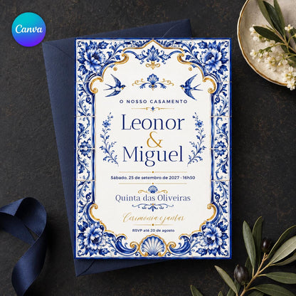 Blue Portuguese Azulejo Wedding Invitation — editable Canva template