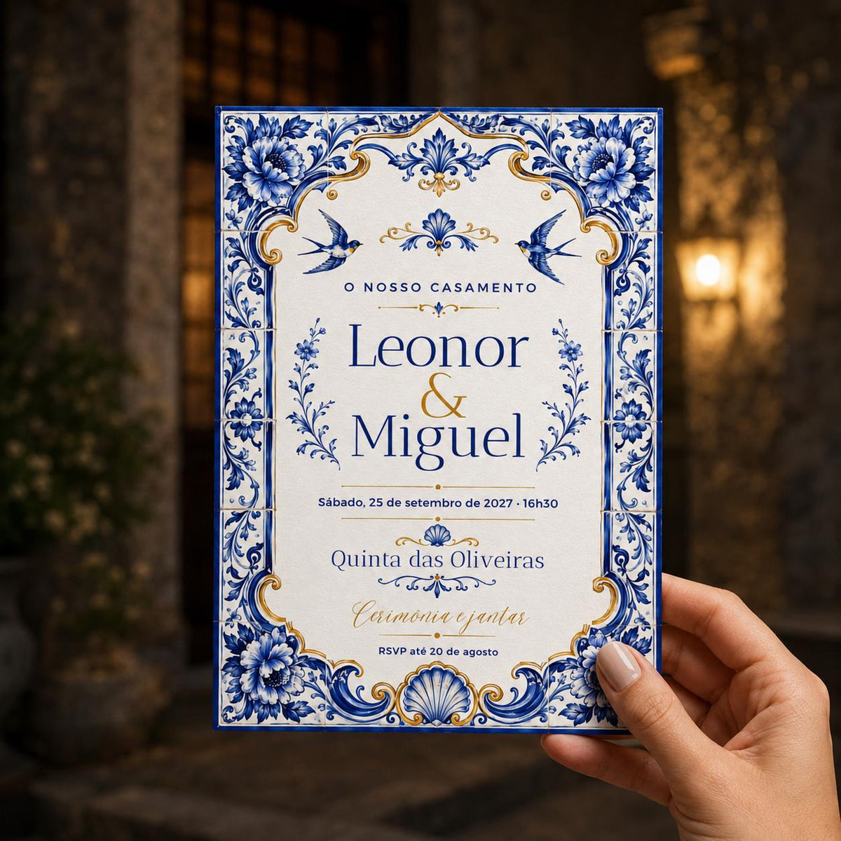 Blue Portuguese Azulejo Wedding Invitation — invitation you personalize in Canva