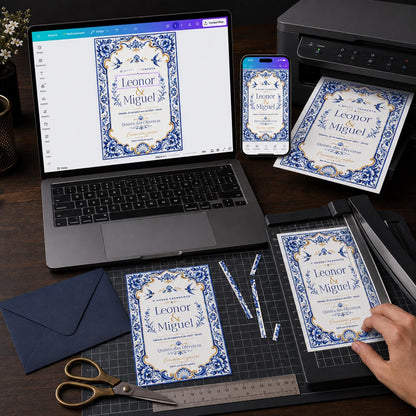 Blue Portuguese Azulejo Wedding Invitation — print-ready wedding design from VoltBy