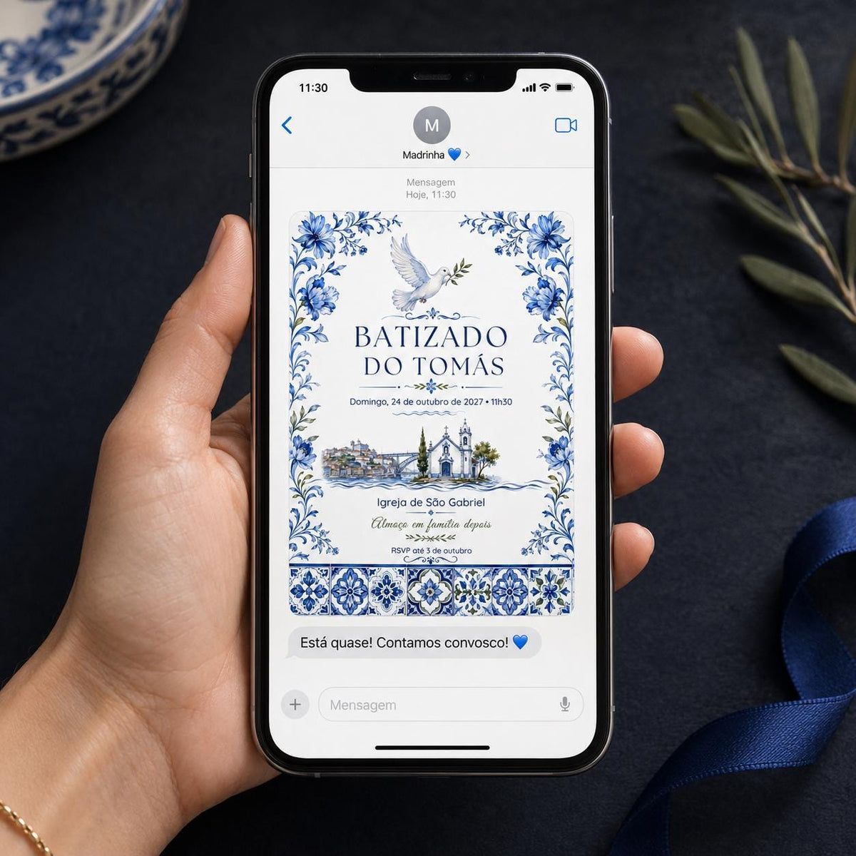 Blue Portuguese Baptism Invitation — chapel and dove design