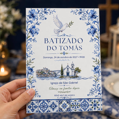 Blue Portuguese Baptism Invitation — invitation you personalize in Canva