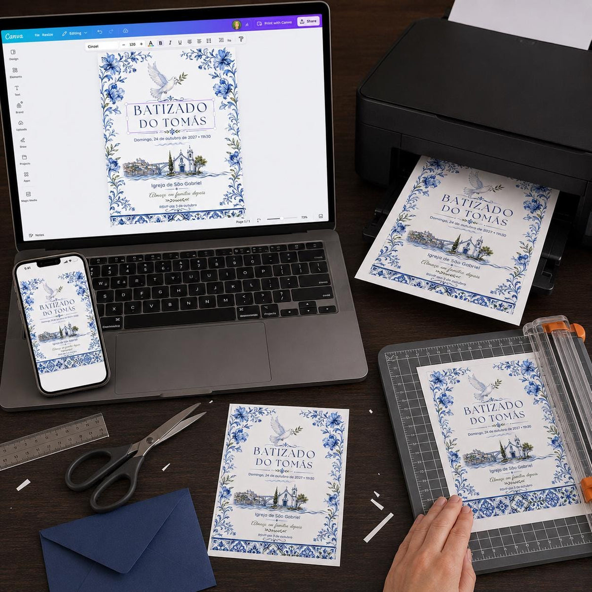 Blue Portuguese Baptism Invitation — print-ready baptism design from VoltBy