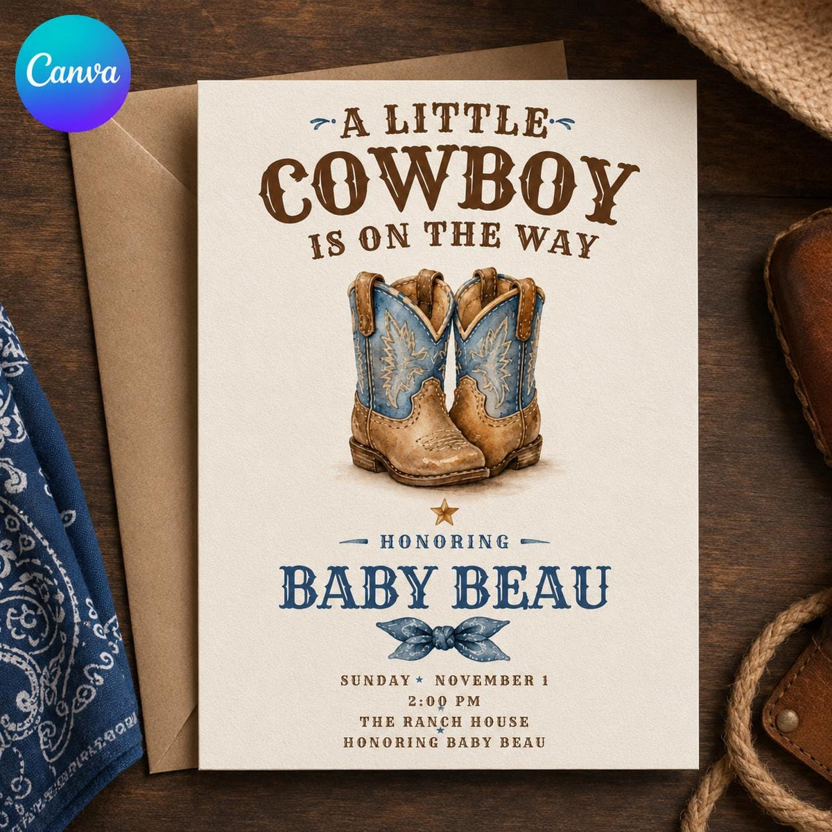 Blue Rustic Cowboy Baby Shower Invitation — editable Canva template
