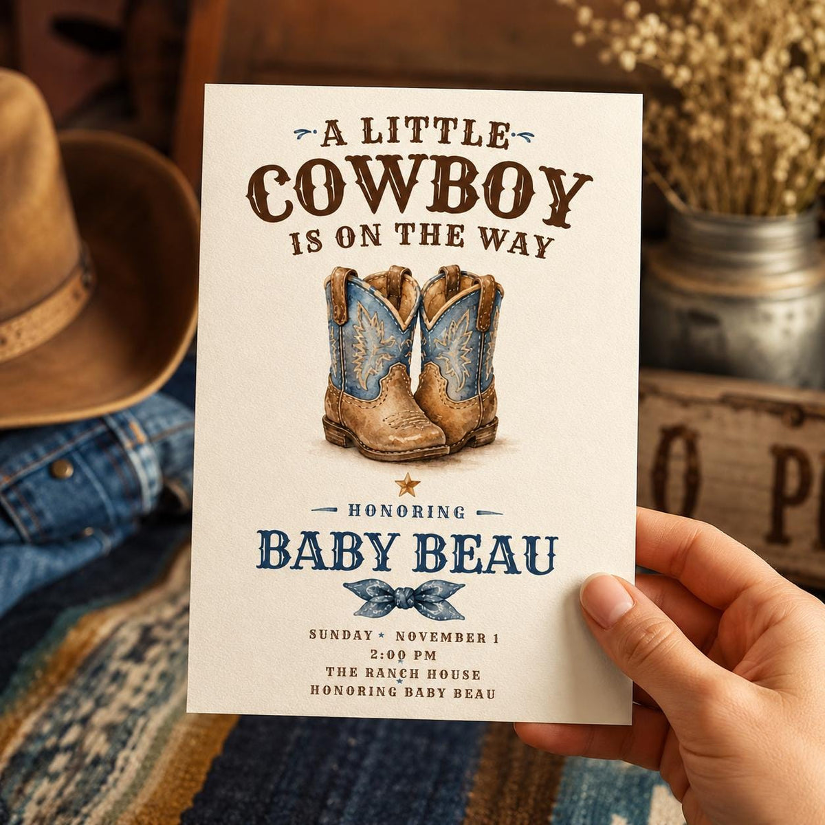 Blue Rustic Cowboy Baby Shower Invitation — print-ready baby shower design from VoltBy