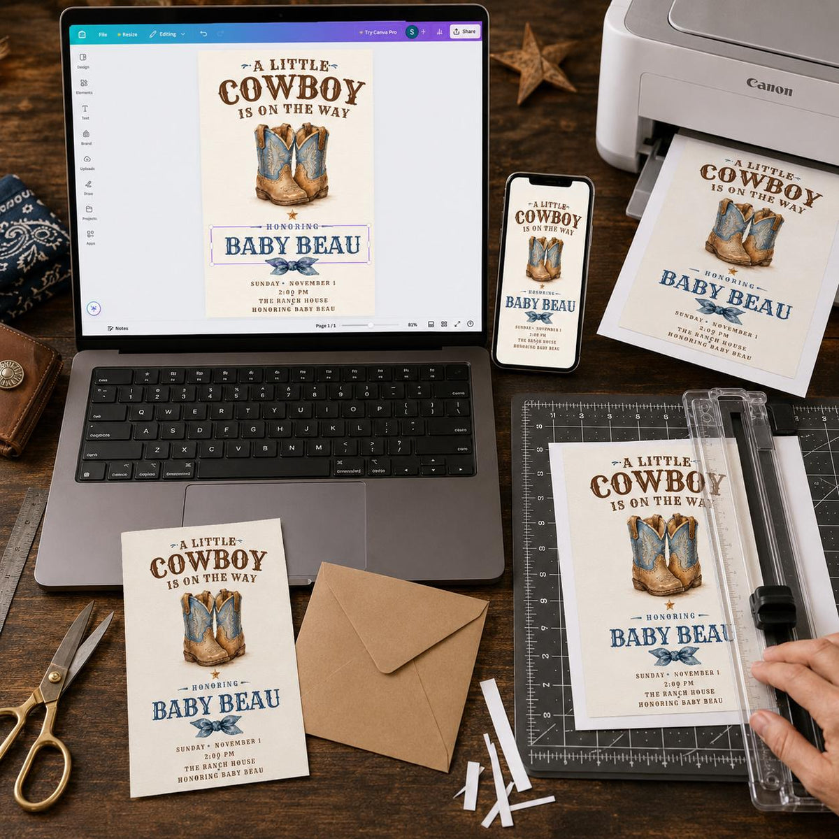 Blue Rustic Cowboy Baby Shower Invitation — digital invitation, instant download