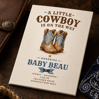 Blue Rustic Cowboy Baby Shower Invitation — baby shower stationery by VoltBy