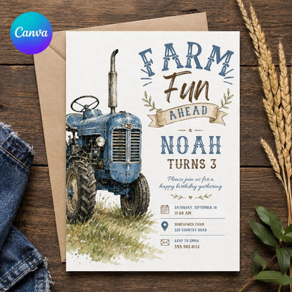 Blue Rustic Farm Tractor 3rd Birthday Invitation for Boys — editable Canva template