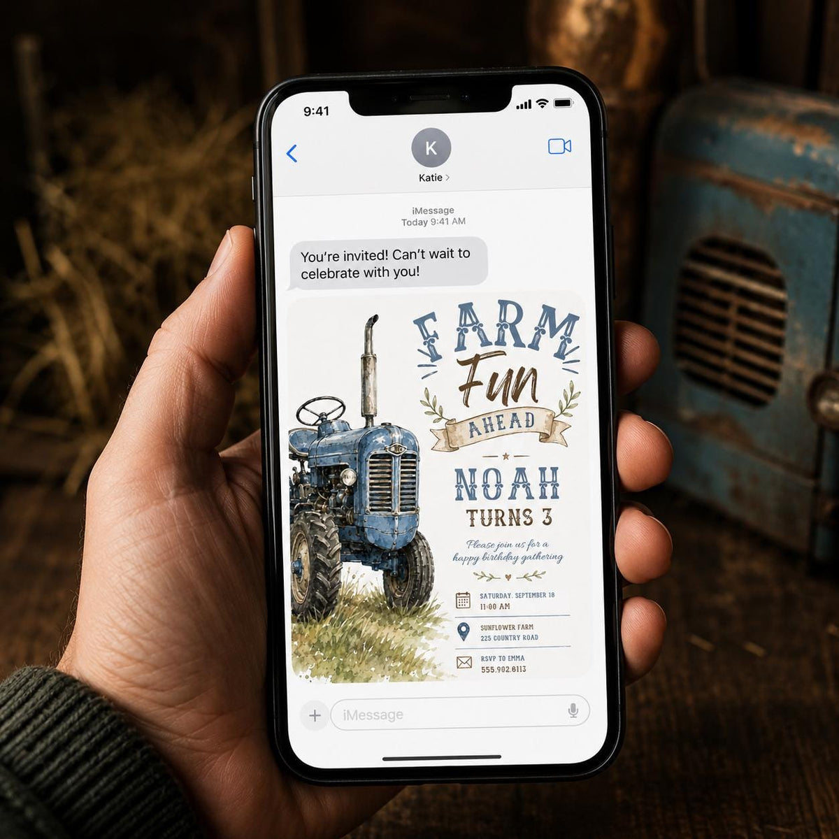 Blue Rustic Farm Tractor 3rd Birthday Invitation for Boys — invitation you personalize in Canva