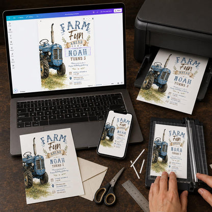 Blue Rustic Farm Tractor 3rd Birthday Invitation for Boys — digital invitation, instant download