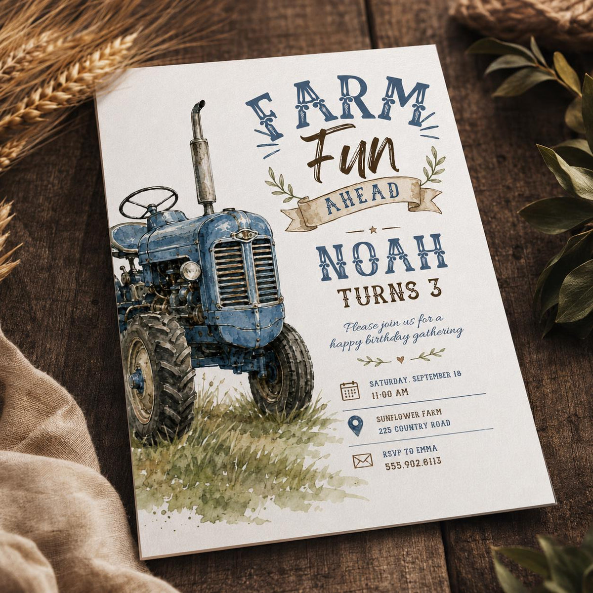 Blue Rustic Farm Tractor 3rd Birthday Invitation for Boys — 3rd birthday party stationery by VoltBy