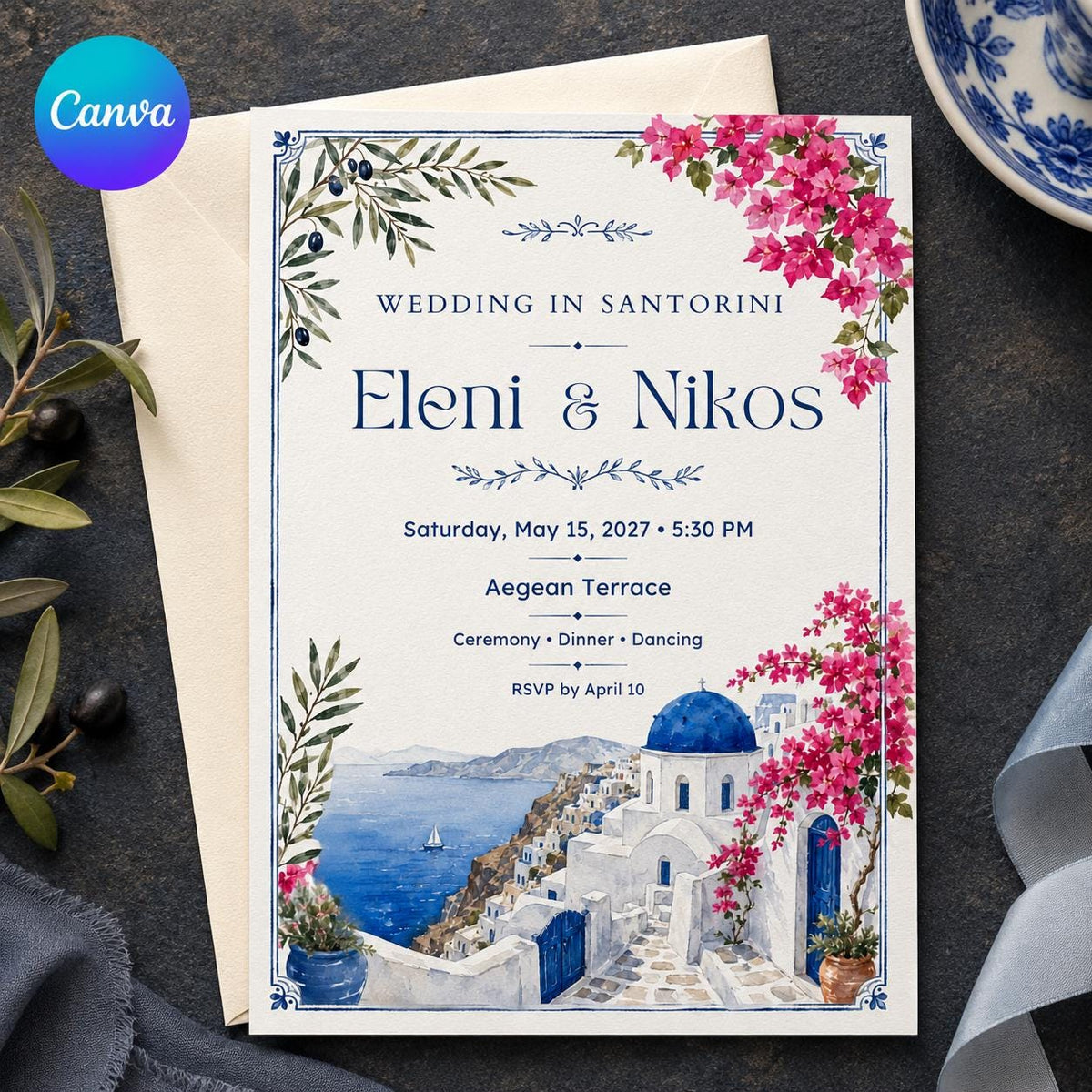 Blue Santorini Wedding Invitation — editable Canva template