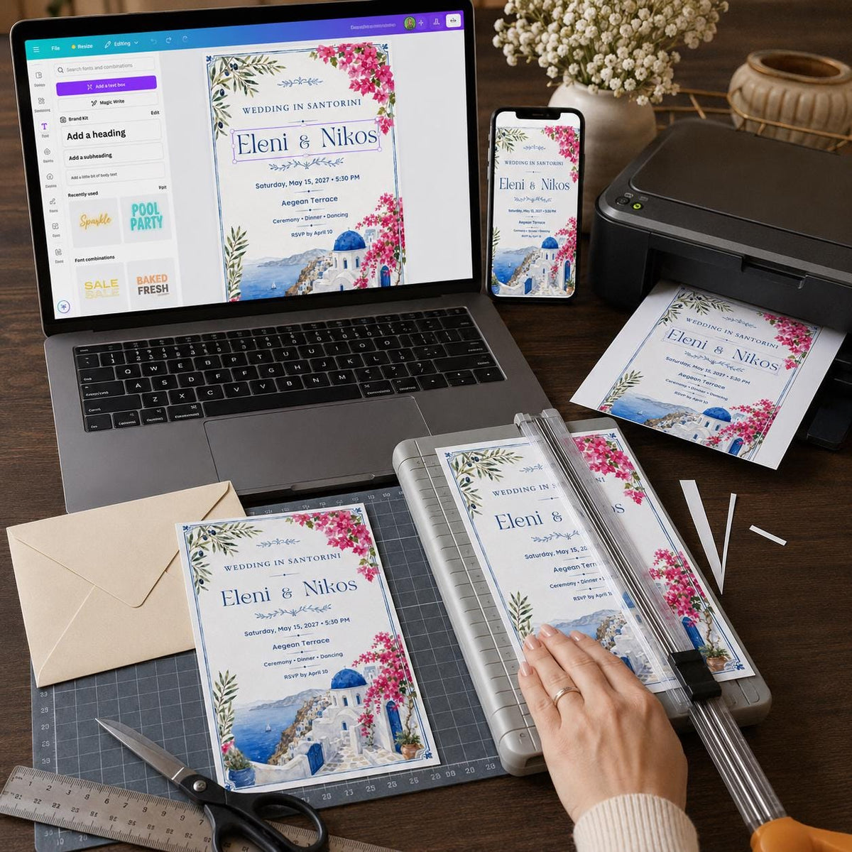 Blue Santorini Wedding Invitation — print-ready wedding design from VoltBy