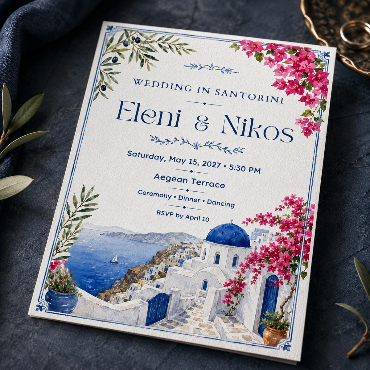 Blue Santorini Wedding Invitation — digital invitation, instant download