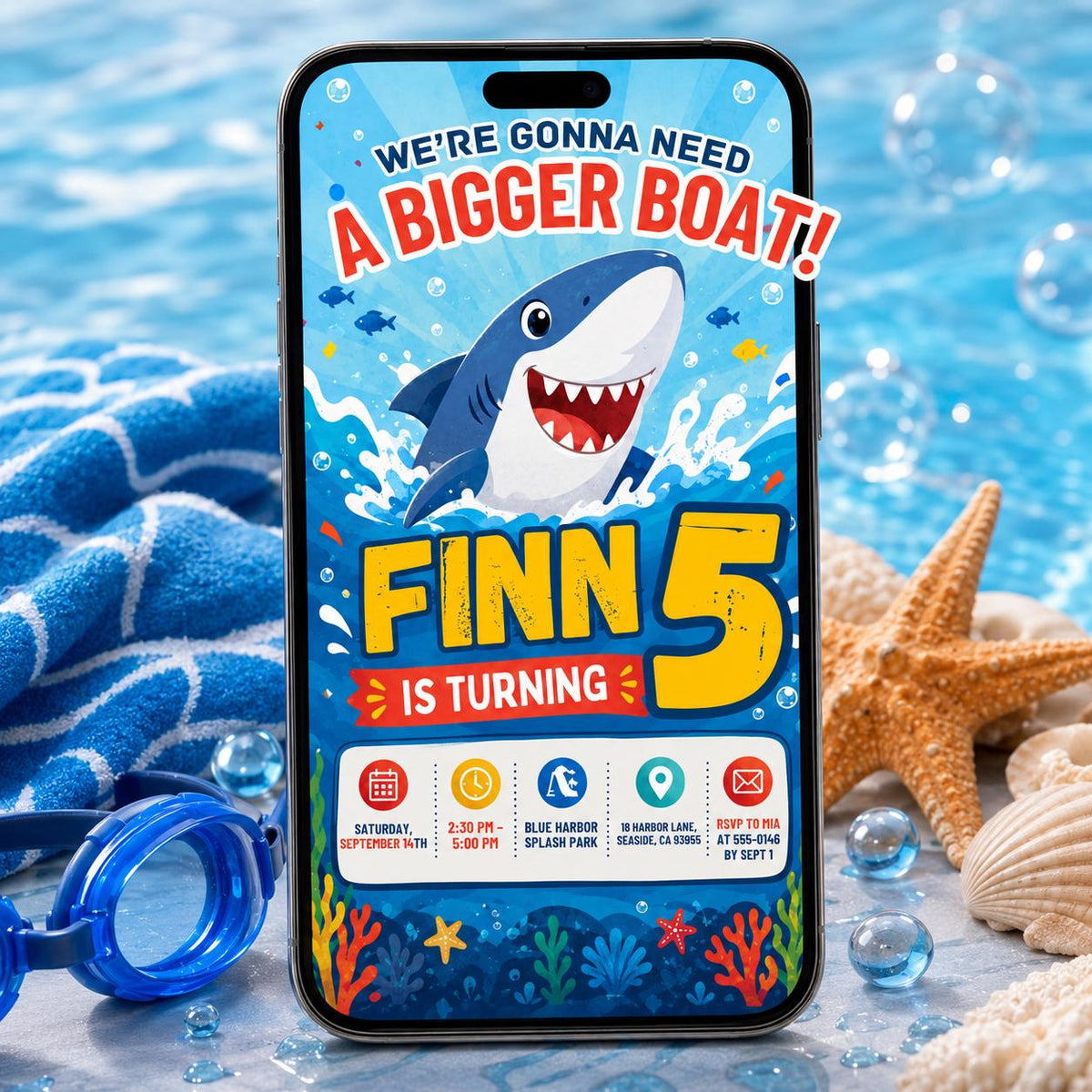 Blue Shark 5th Birthday Invitation with Ocean Waves — digital invitation, instant download