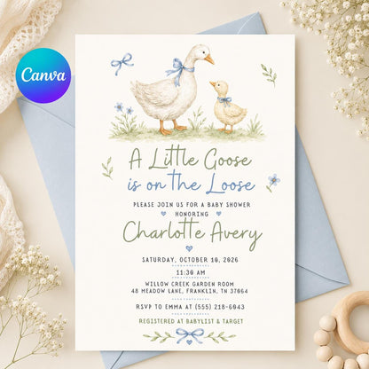 Blue Silly Goose Baby Shower Invitation — editable Canva template