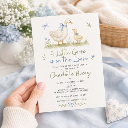 Blue Silly Goose Baby Shower Invitation — invitation you personalize in Canva