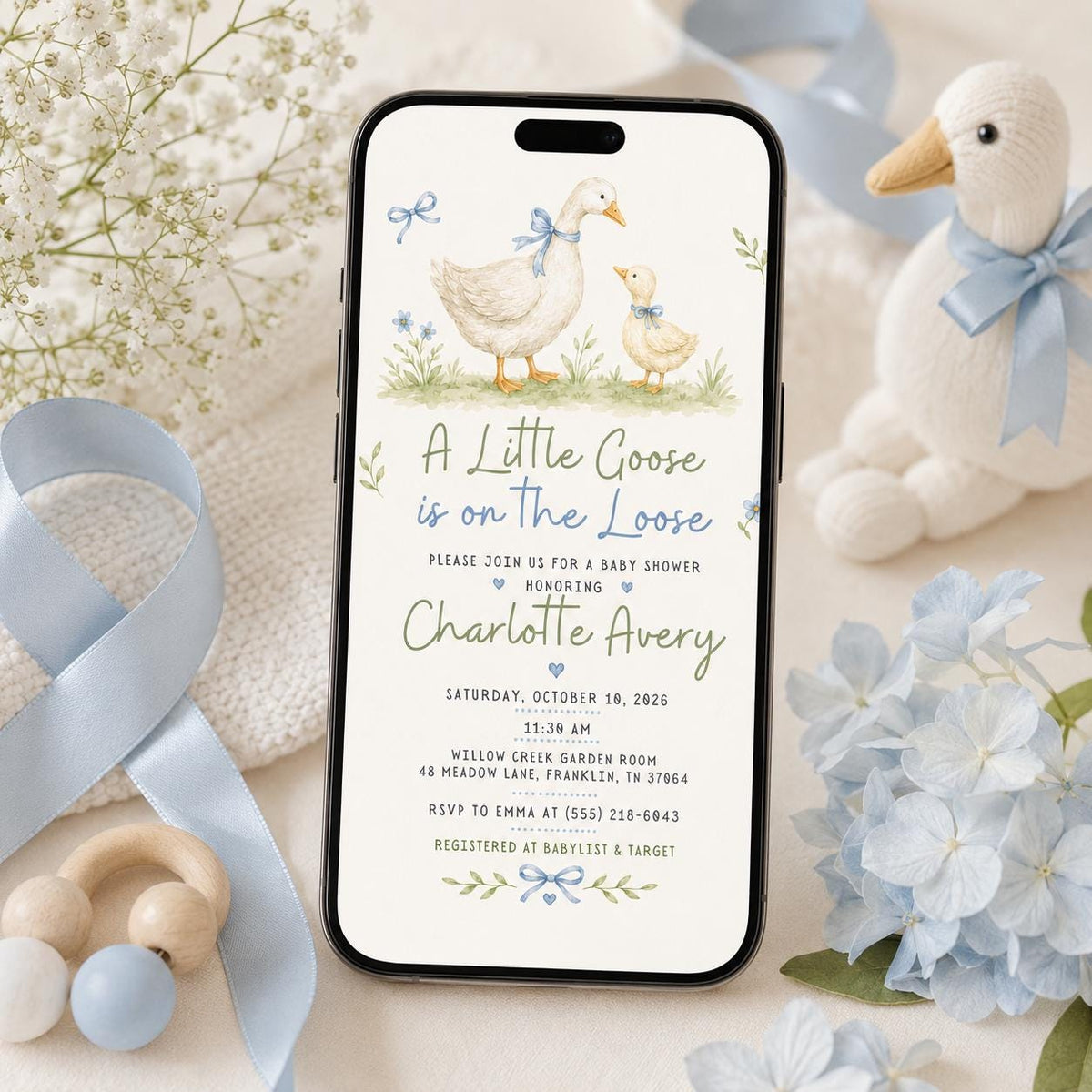 Blue Silly Goose Baby Shower Invitation — digital invitation, instant download