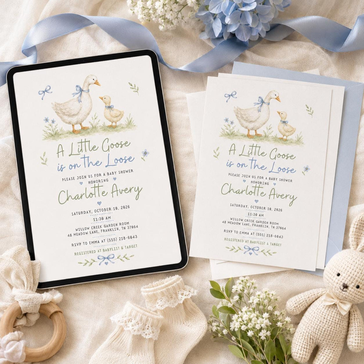 Blue Silly Goose Baby Shower Invitation — baby shower stationery by VoltBy