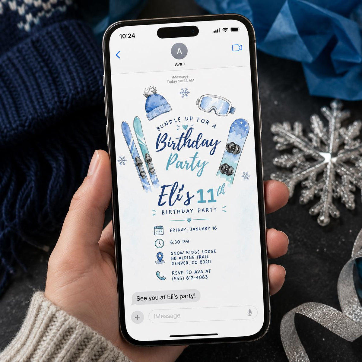 Blue Ski 11th Birthday Invitation for Boys — invitation you personalize in Canva