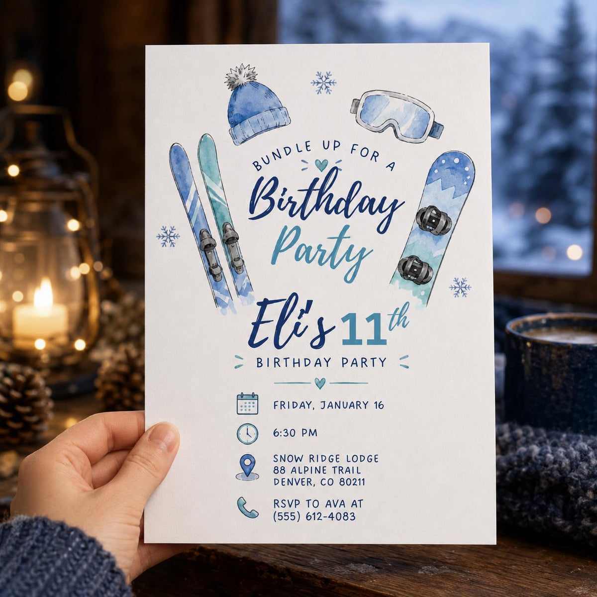 Blue Ski 11th Birthday Invitation for Boys — print-ready 11th birthday party design from VoltBy