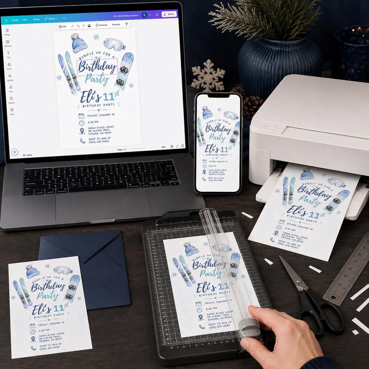 Blue Ski 11th Birthday Invitation for Boys — digital invitation, instant download