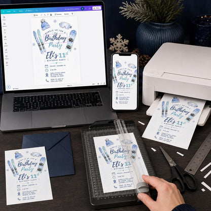 Blue Ski 11th Birthday Invitation for Boys — digital invitation, instant download